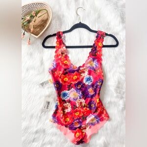Agua Bendita Women's FLORAL
CORAL RED Marea Reversible Scalloped Swimsuit MEDIUM